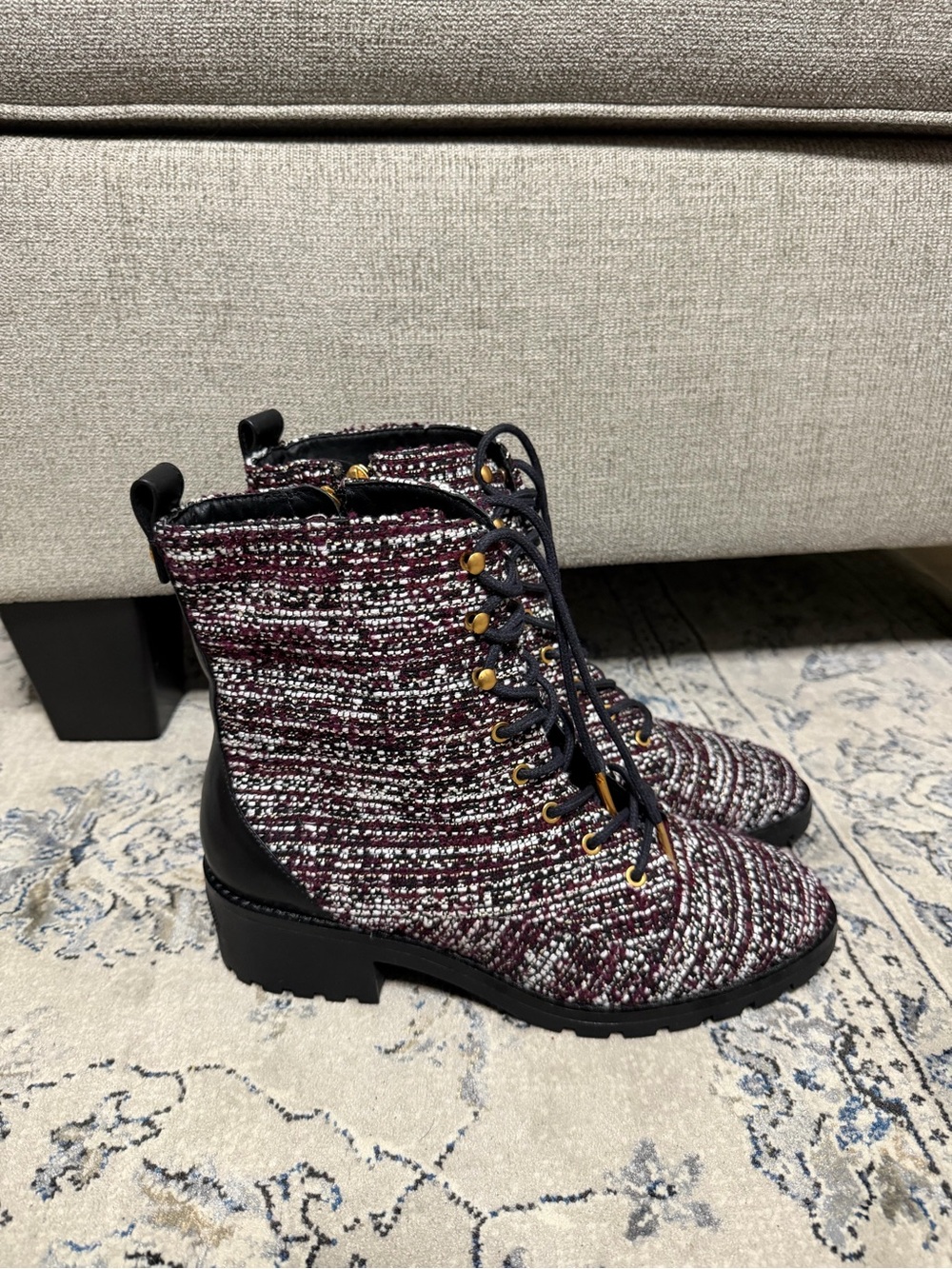 Tory Burch Combat Lug Sole Tweed Leather Boots